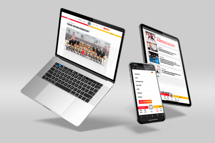 Desktop-, Tablet- und Smartphone-Ansichten der Website des Deutschen Eishockey-Bundes.