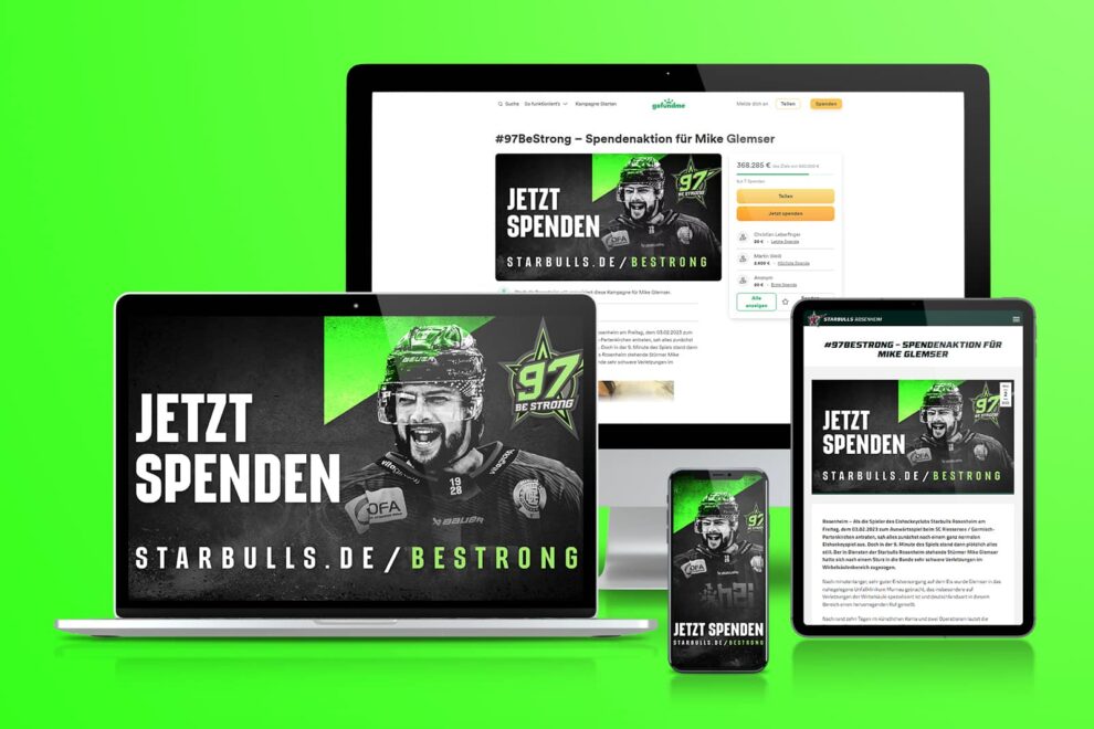 Desktop-, Tablet- und Smartphone-Ansichten der #97BeStrong-Spendenaktion für Mike Glemser auf einem hellgrünen Hintergrund.
