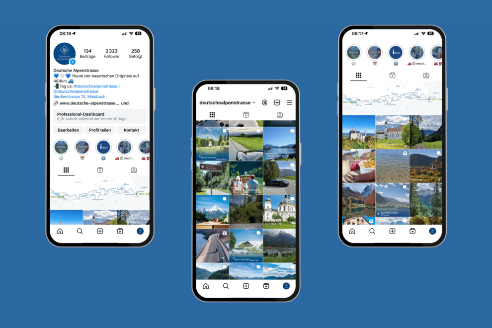 Darstellung des Instagram-Profils der Deutschen Alpenstraße und verschiedener Beitragsansichten auf drei Smartphones