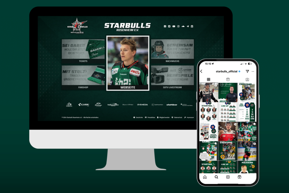 Darstellung der Starbulls-Website auf einem Desktop und der Instagram-Auftritt der Starbulls auf einem Smartphone