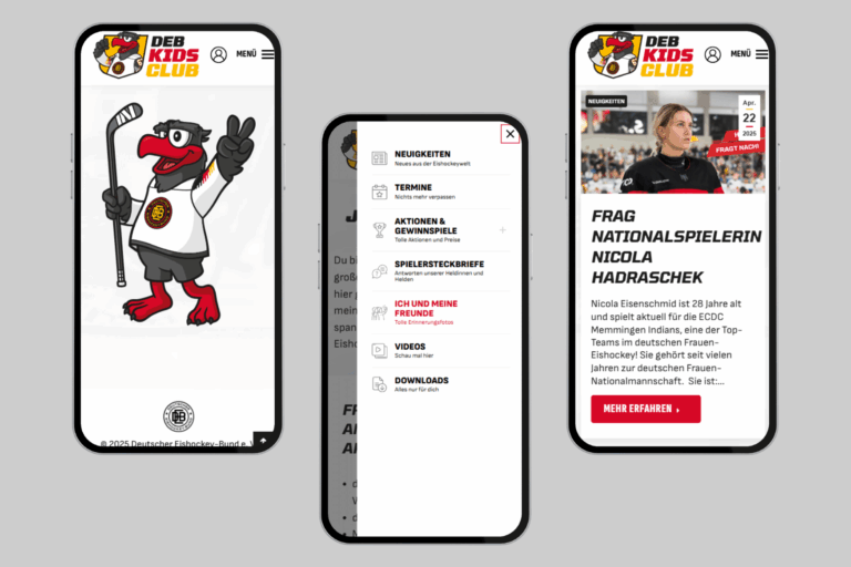 ie mobile Darstellung des DEB Kids Club mit Startbildschirm, Menü und Neuigkeitenansicht.