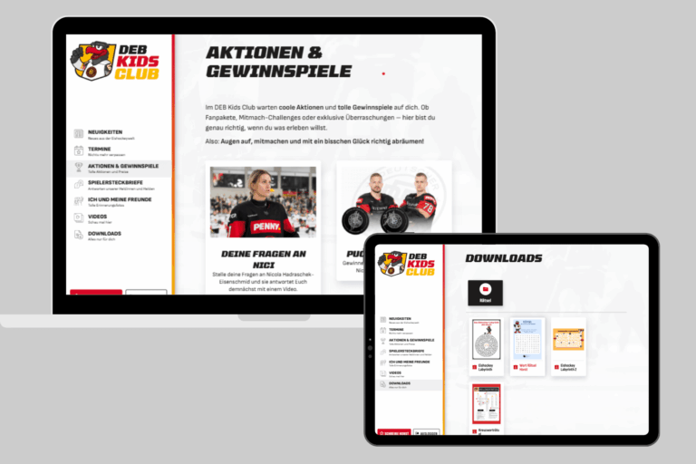 Die Inhalte „Aktionen & Gewinnspiele“ und „Downloads“ des DEB Kids Club auf Laptop und Tablet.