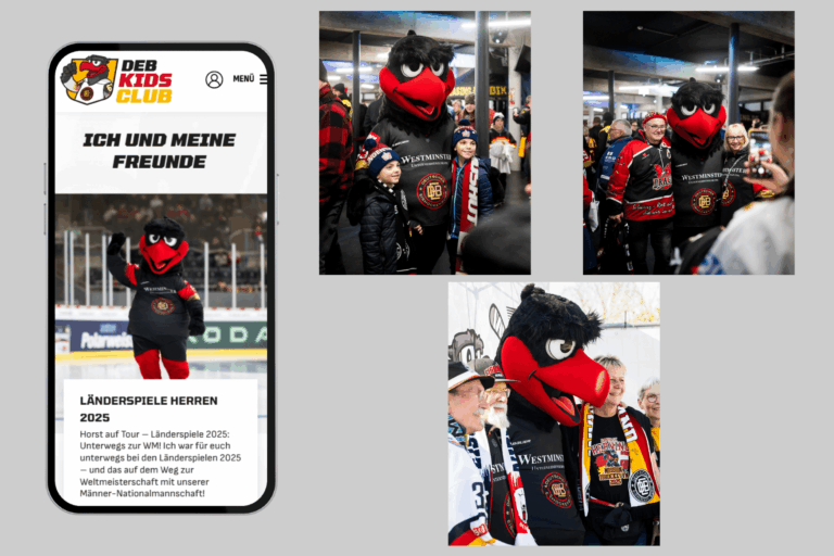Die Rubrik „Ich und meine Freunde“ in Smartphoneansicht mit Maskottchen Horst und Eishockey-Fans bei den Länderspielen.