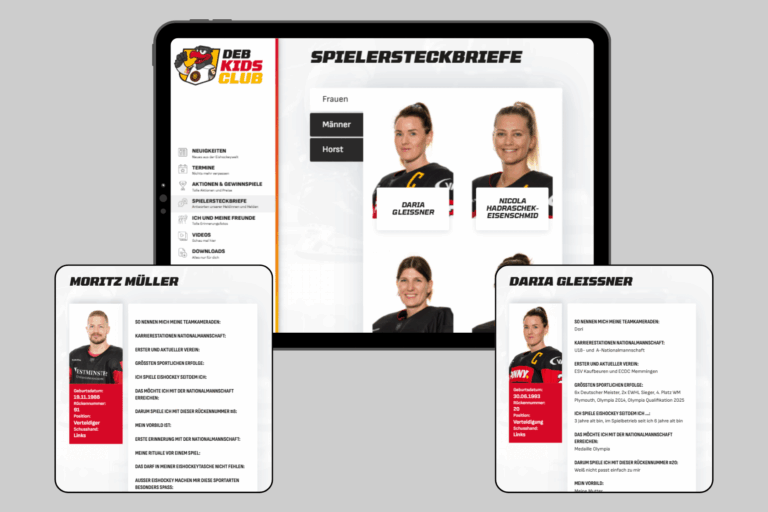 Die Spielersteckbriefe im DEB Kids Club mit Detailansicht von Moritz Müller und Daria Gleißner.