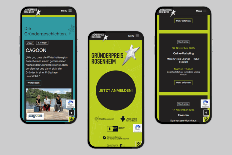 Gründerpreis Rosenheim Internetauftritt Darstellung auf drei Smartphones