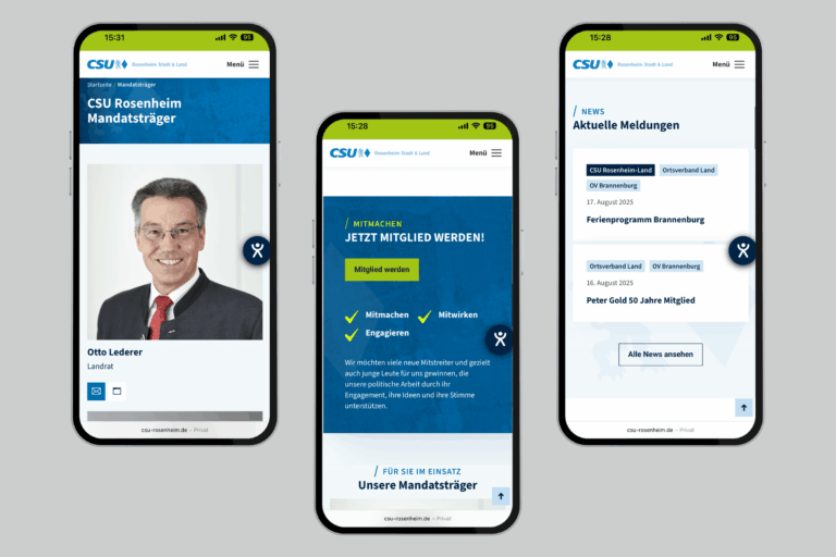 CSU Rosenheim Internetauftritt, Darstellung auf drei Smartphones