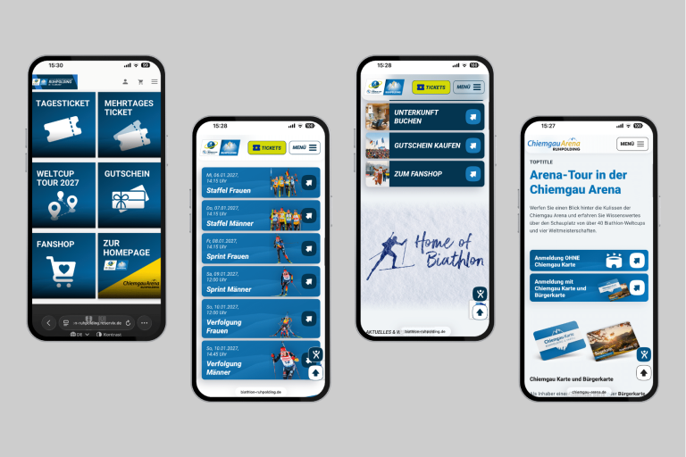 Vier Smartphones zeigen verschiedene Ansichten der mobilen Website von Biathlon Ruhpolding und Chiemgau Arena