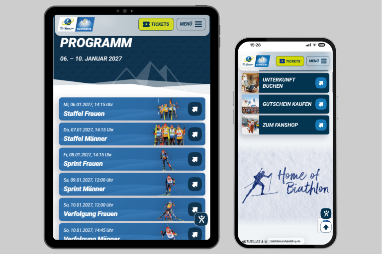 Tablet- und Smartphone-Ansicht der Programmseite für den Biathlon Weltcup 2027 in Ruhpolding. Gezeigt wird eine übersichtliche Liste der Wettkämpfe (Staffel, Sprint, Verfolgung) in einem sportlichen, dunkelblauen Interface-Design mit Ticket-Buttons.
