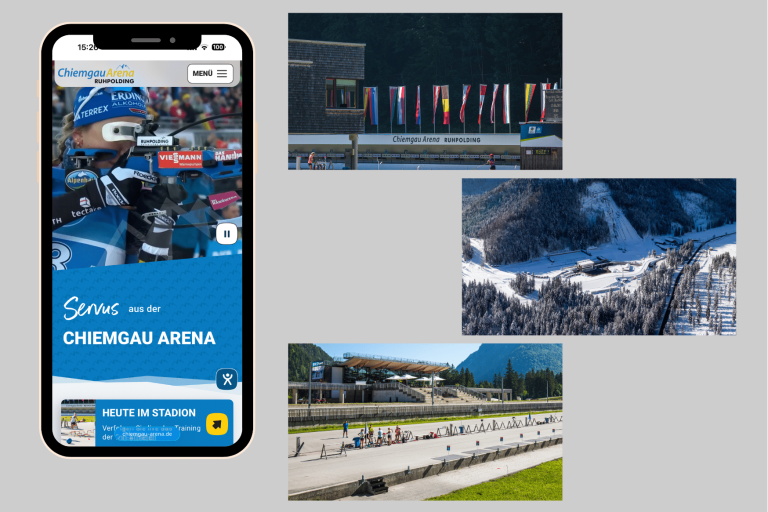 Darstellung der Ganzjahresnutzung der Chiemgau Arena: Ein Smartphone zeigt die sommerliche Website-Ansicht („Servus aus der Chiemgau Arena“). Ergänzend dazu Bilder vom Sommertraining am Schießstand mit Rollskiern und eine Luftansicht der Anlage.