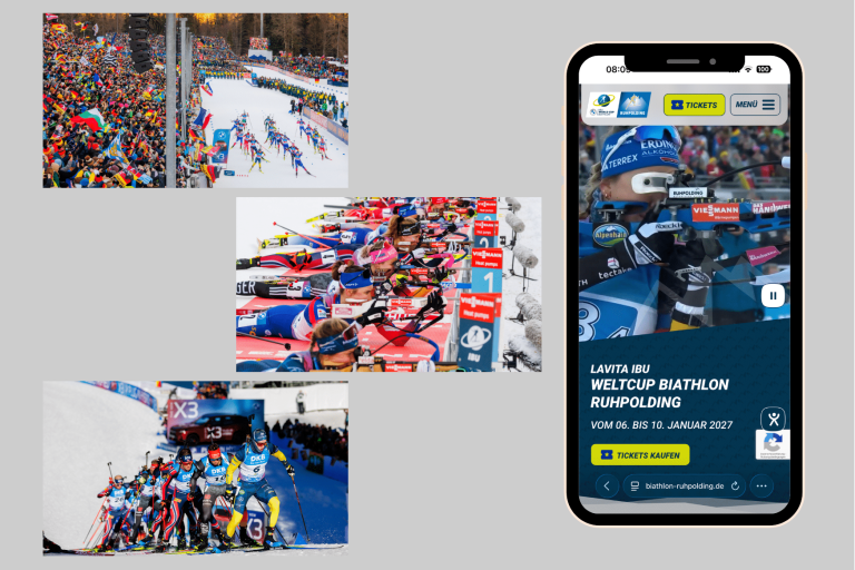 Collage zur Event-Atmosphäre: Ein Smartphone zeigt die Startseite zum Biathlon Weltcup Ruhpolding 2027. Daneben Impressionen von jubelnden Zuschauermassen an der Strecke, Biathletinnen am Schießstand und eine Gruppe von Athleten im Langlauf-Wettbewerb.